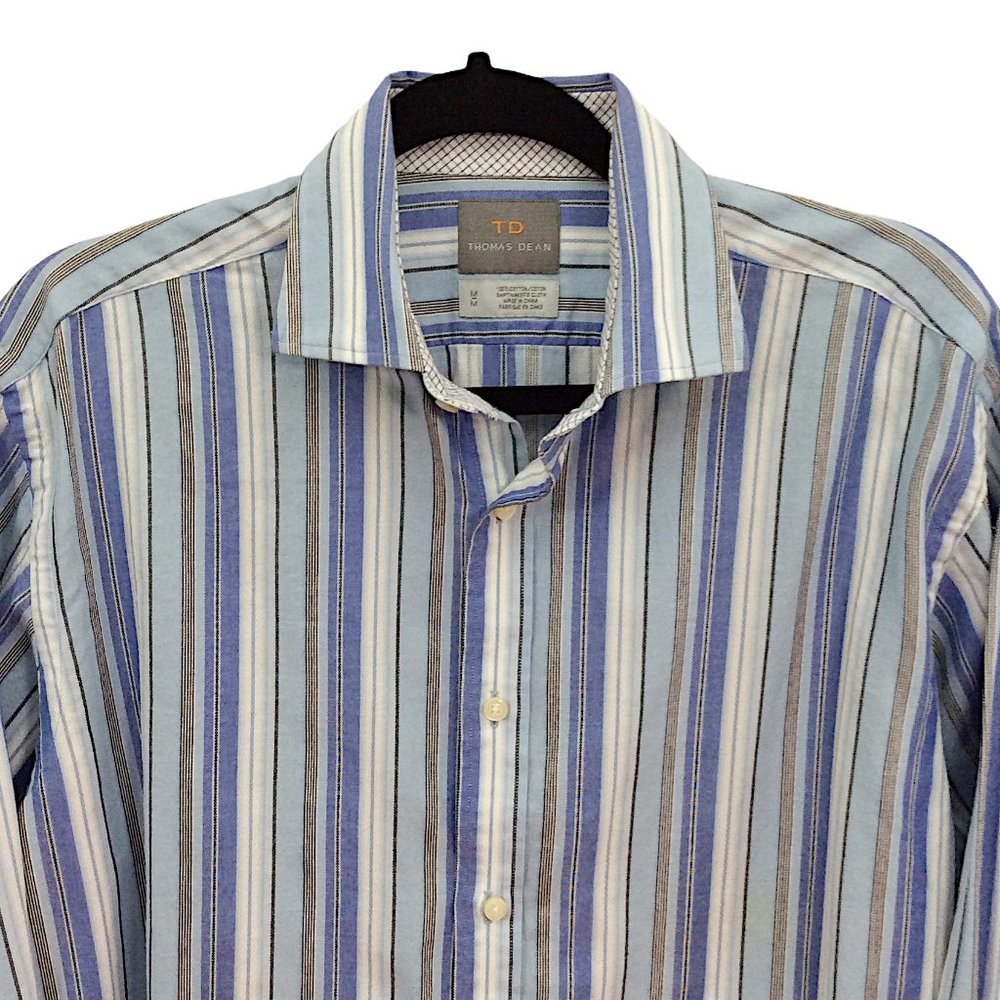 Thomas Dean Men’s Long Sleeve Button Up Flip Cuff Blue Striped Shirt Size Medium